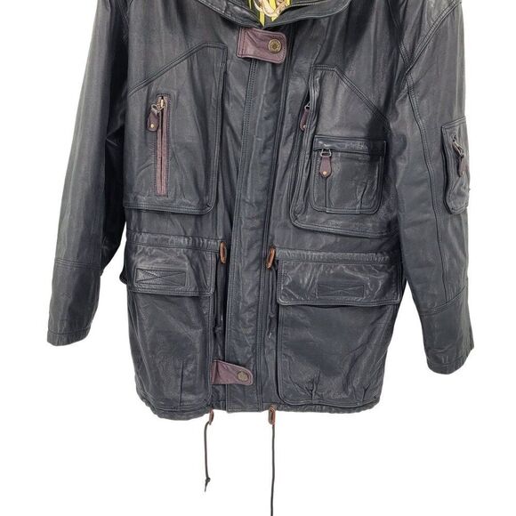 Vintage Genuine Leather Flight Jacket Mens 48 Black Detailed Pockets Steampunk - Picture 6 of 16